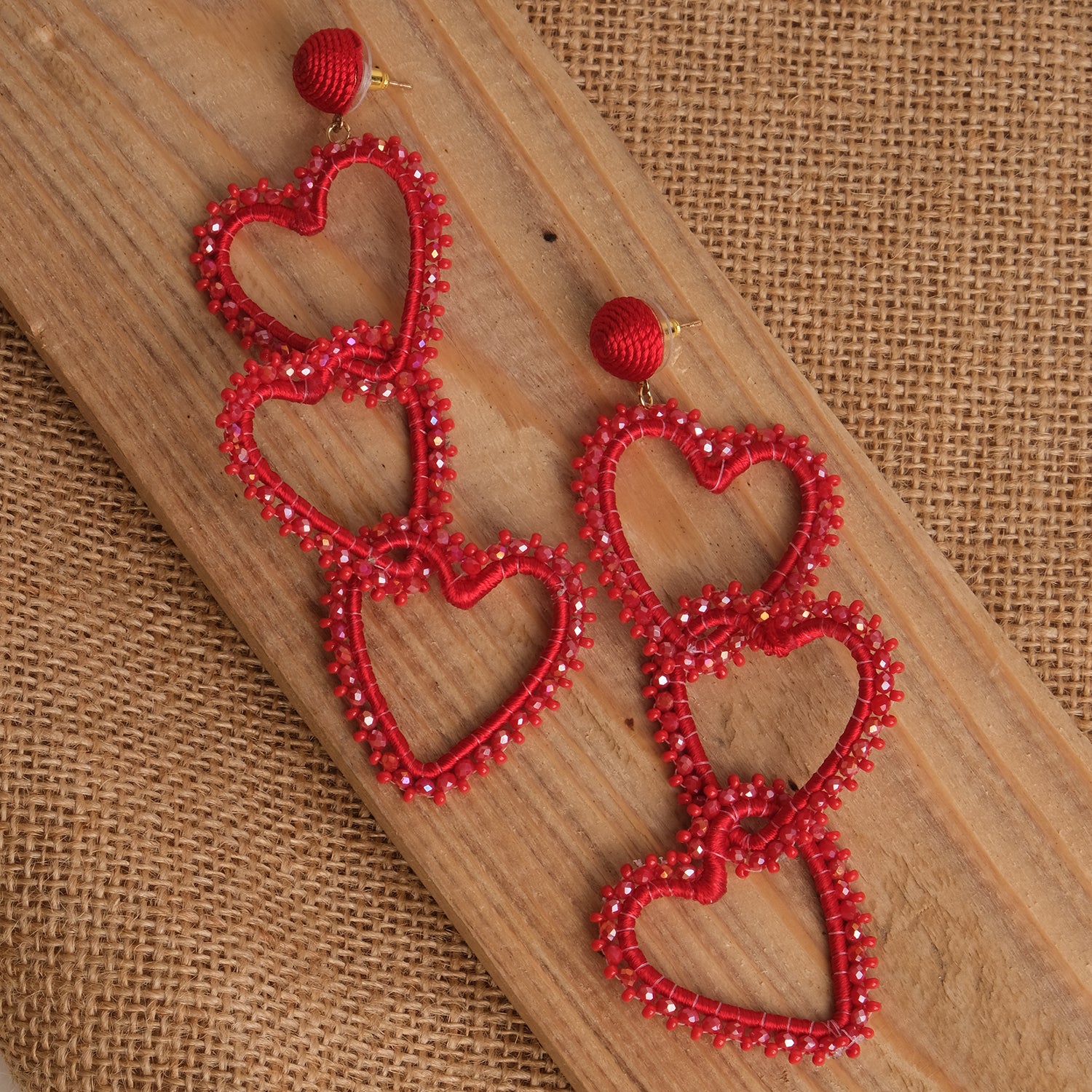Triple Heart Beaded Bling Earrings