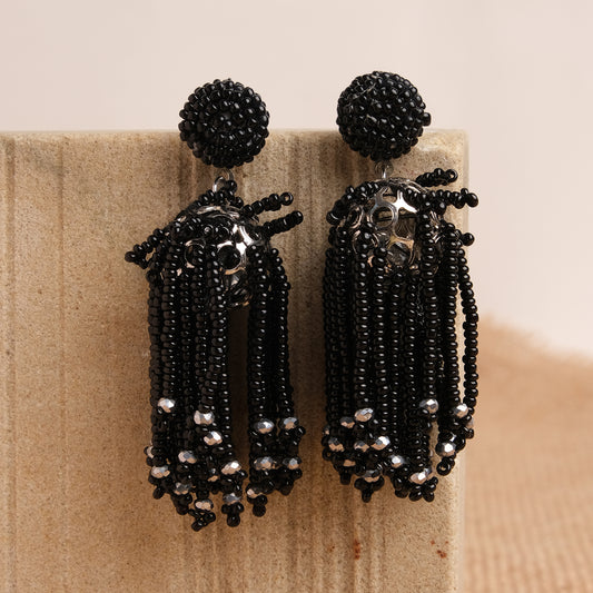 Midnight Black Beaded Tassel Earrings