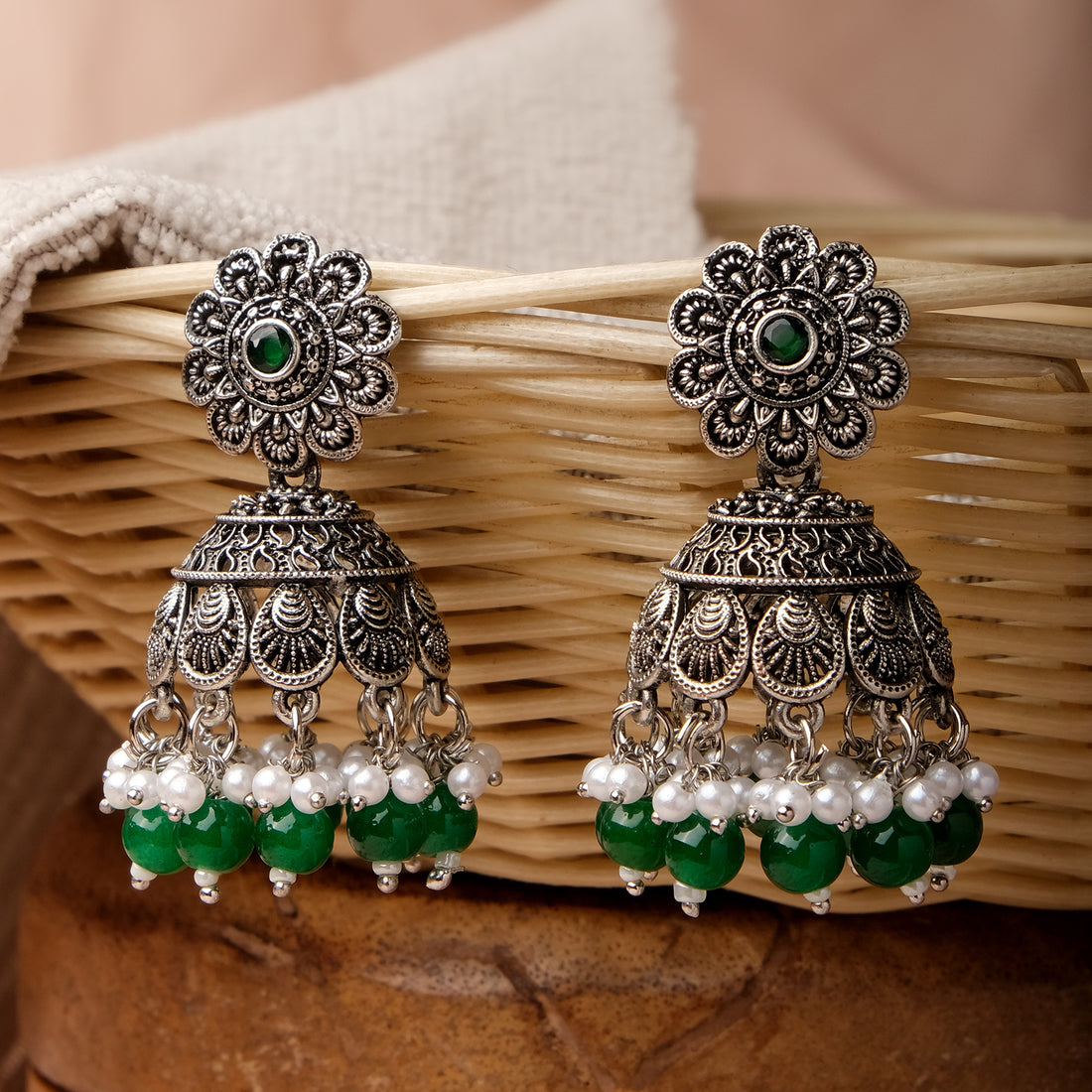 Silver Chakriya Beaded Lightweight Jhumka Earrings