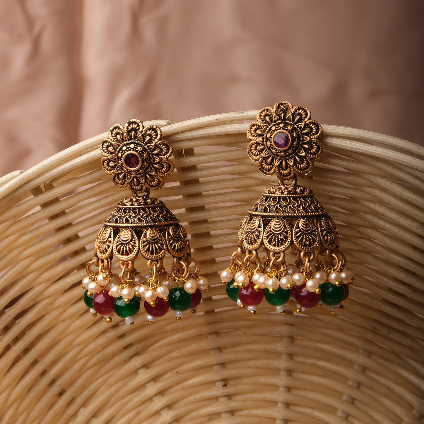 Gold Chakriya Beaded Lightweight Jhumka Earrings