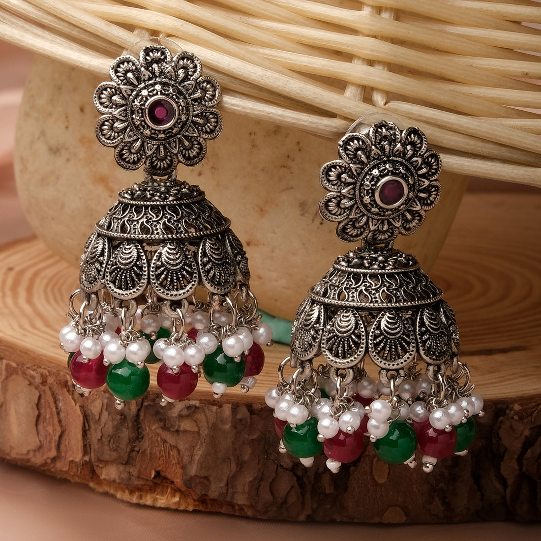 Silver Chakriya Beaded Lightweight Jhumka Earrings