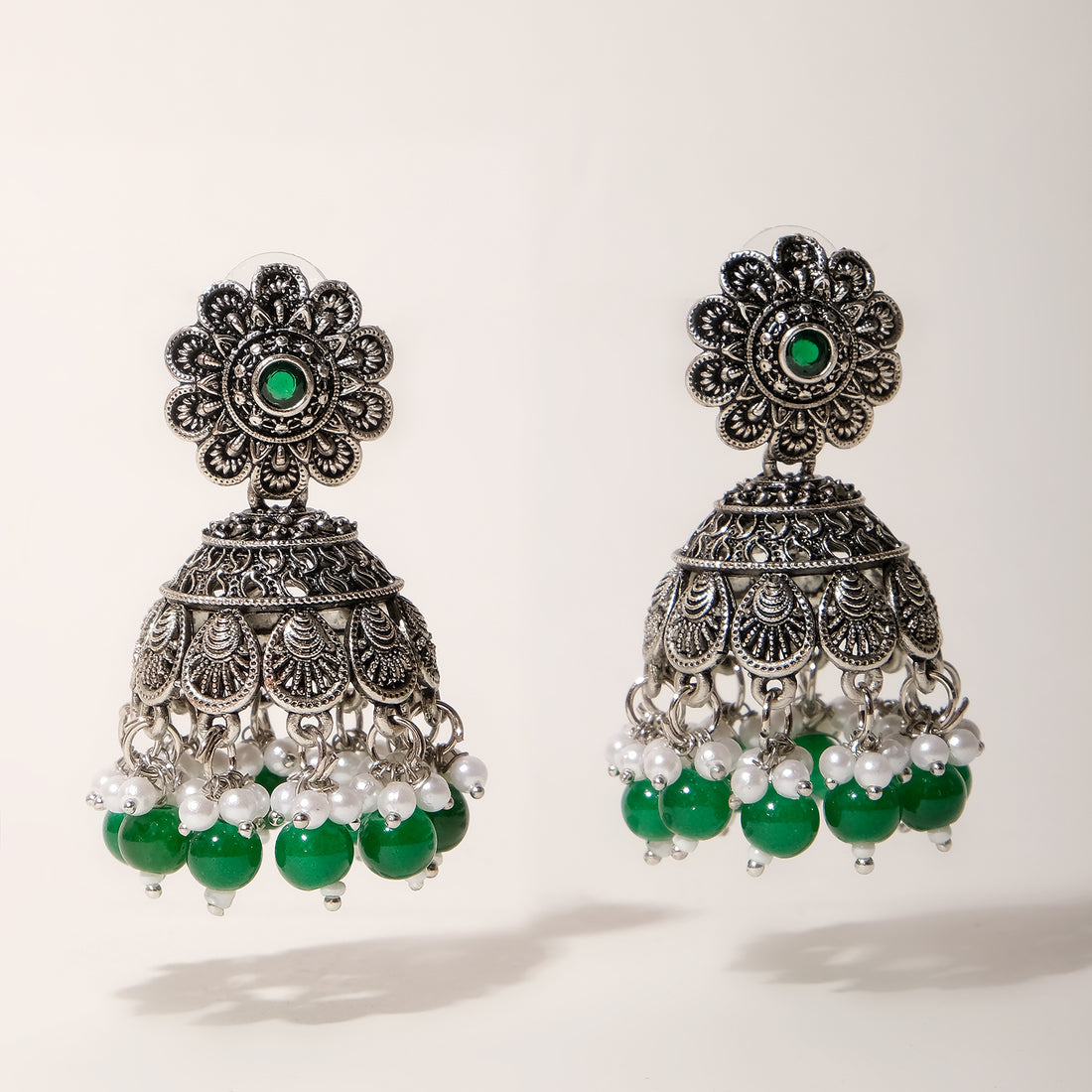 Silver Chakriya Beaded Lightweight Jhumka Earrings