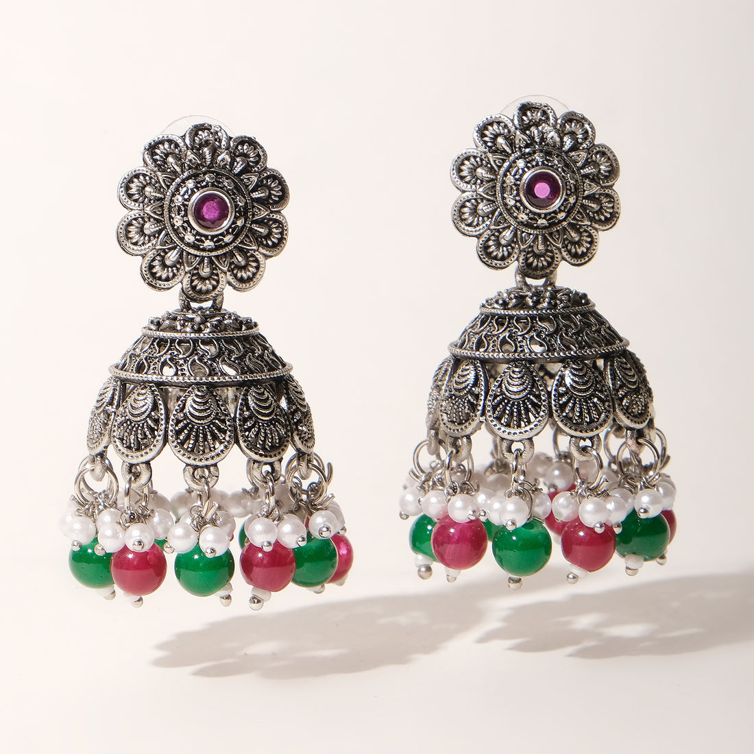 Silver Chakriya Beaded Lightweight Jhumka Earrings