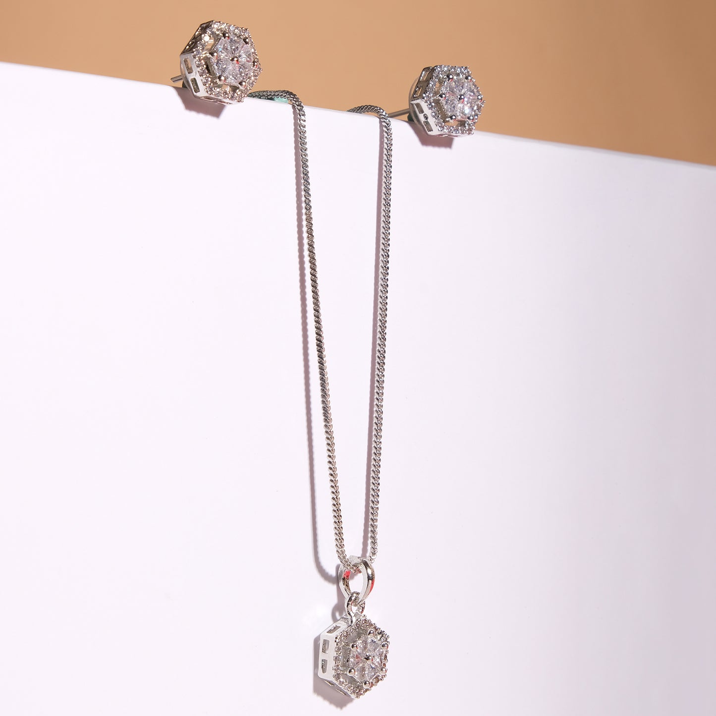 Hexagon Shaped American Diamond Crystal Pendant Set With Earrings