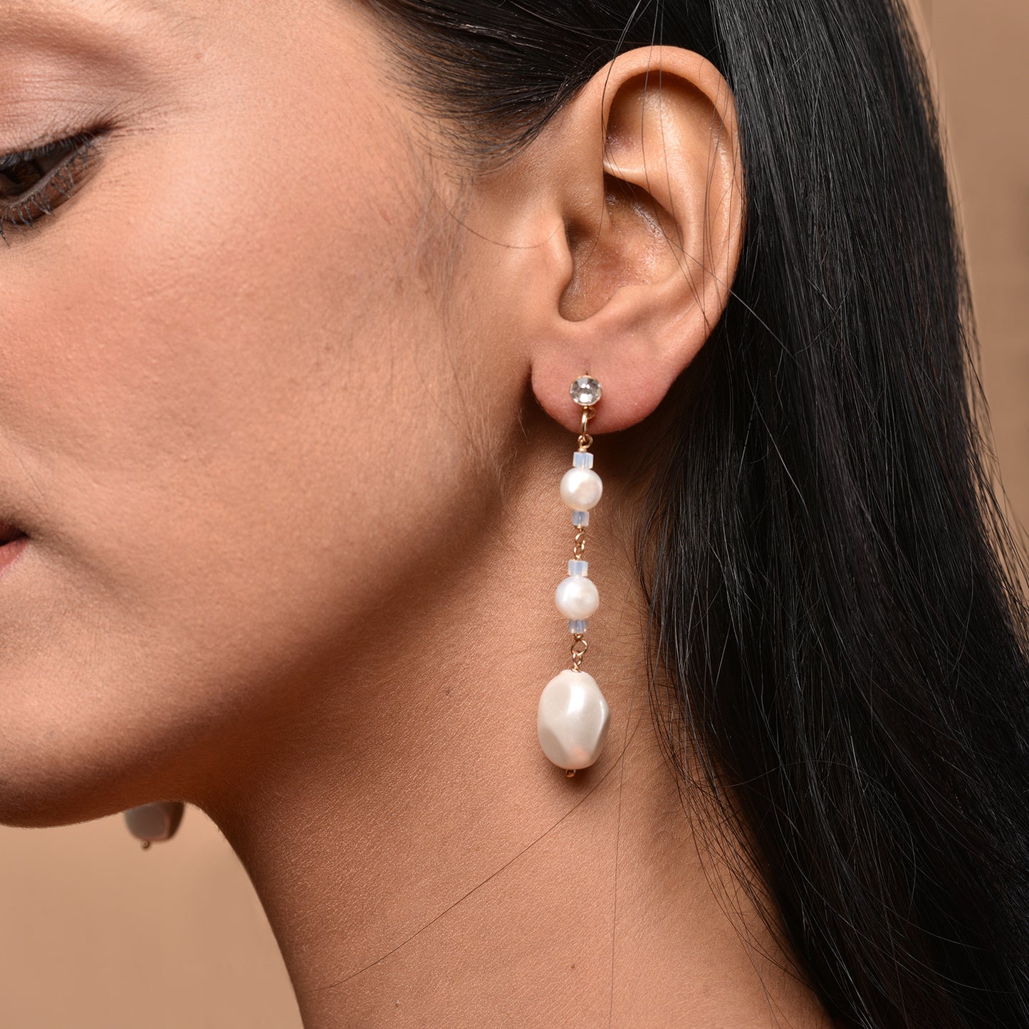 Baroque Pearl Glass Crystal Beads Drop Long Earrings
