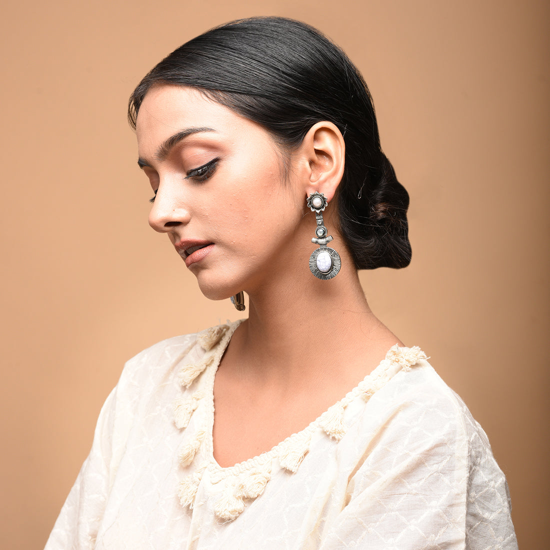 Vintage Tribal White Studded Bell Earrings