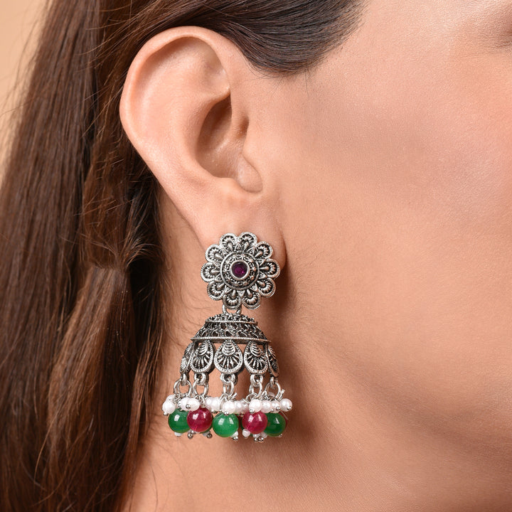 Silver Chakriya Beaded Lightweight Jhumka Earrings