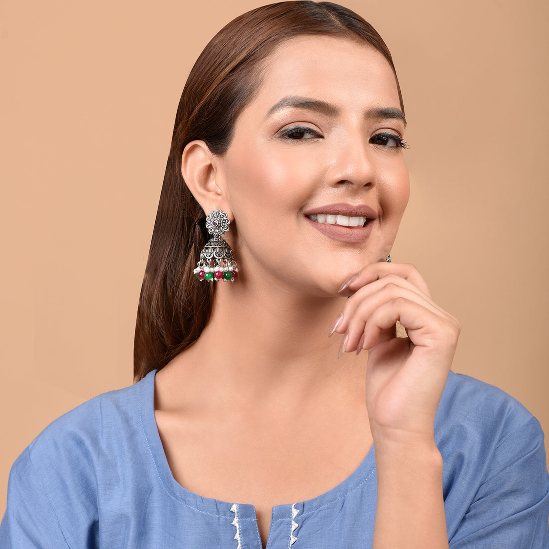 Silver Chakriya Beaded Lightweight Jhumka Earrings