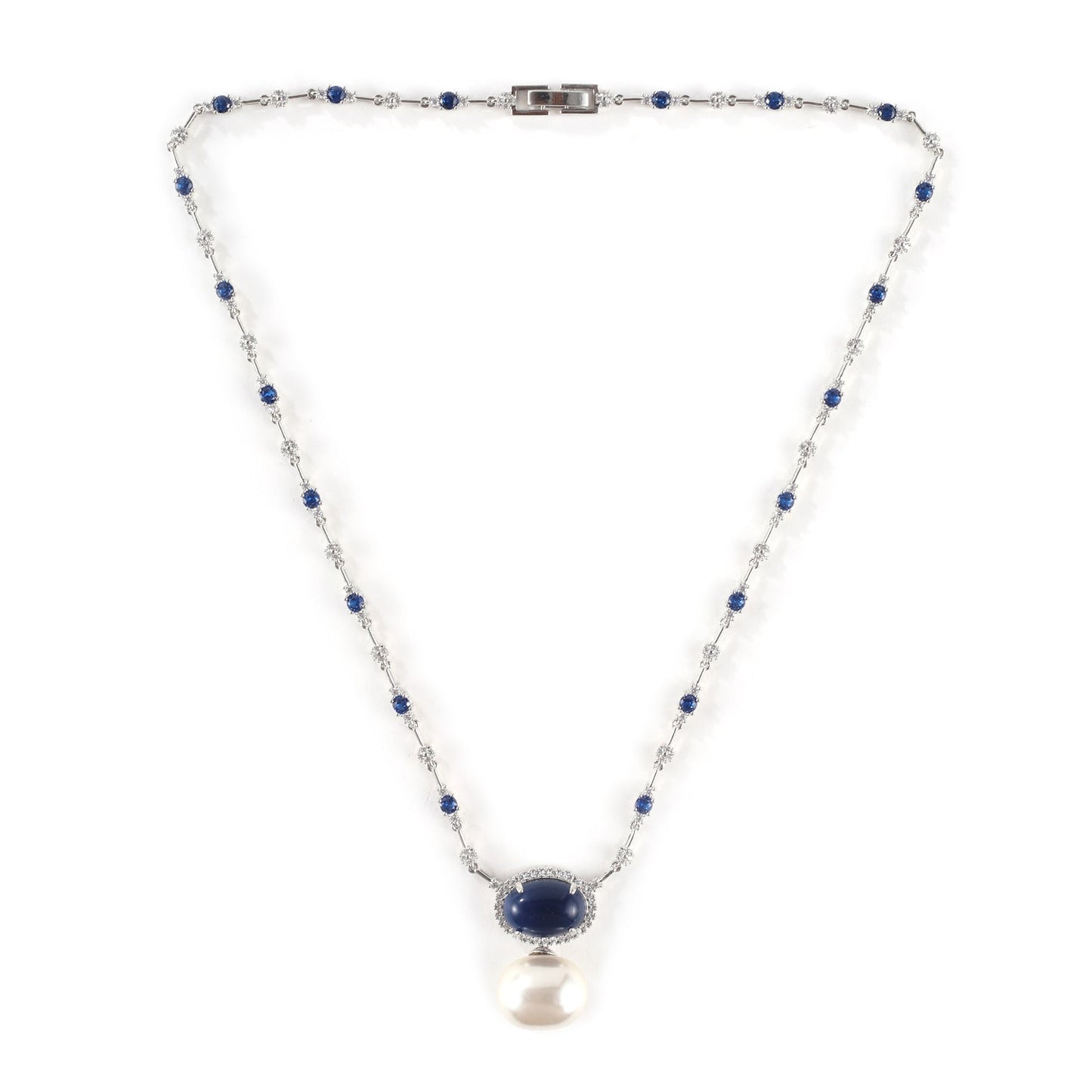 Designer Elegant Silver Polish Pearl Studded Pendant Style Sapphire Necklace Set with Earrings