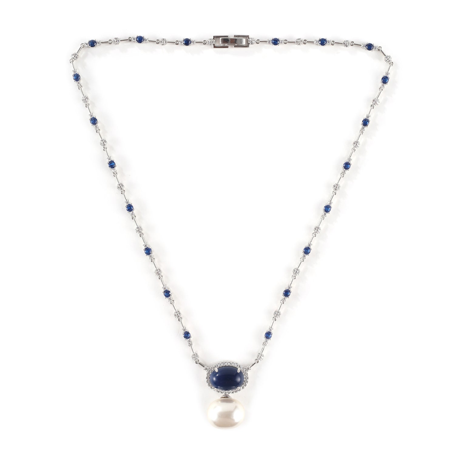 Designer Elegant Silver Polish Pearl Studded Pendant Style Sapphire Necklace Set with Earrings