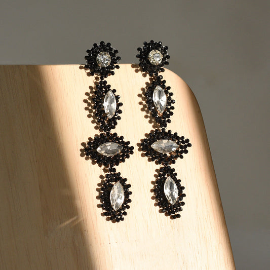 Diamond-Shaped Black & White Beaded Earrings