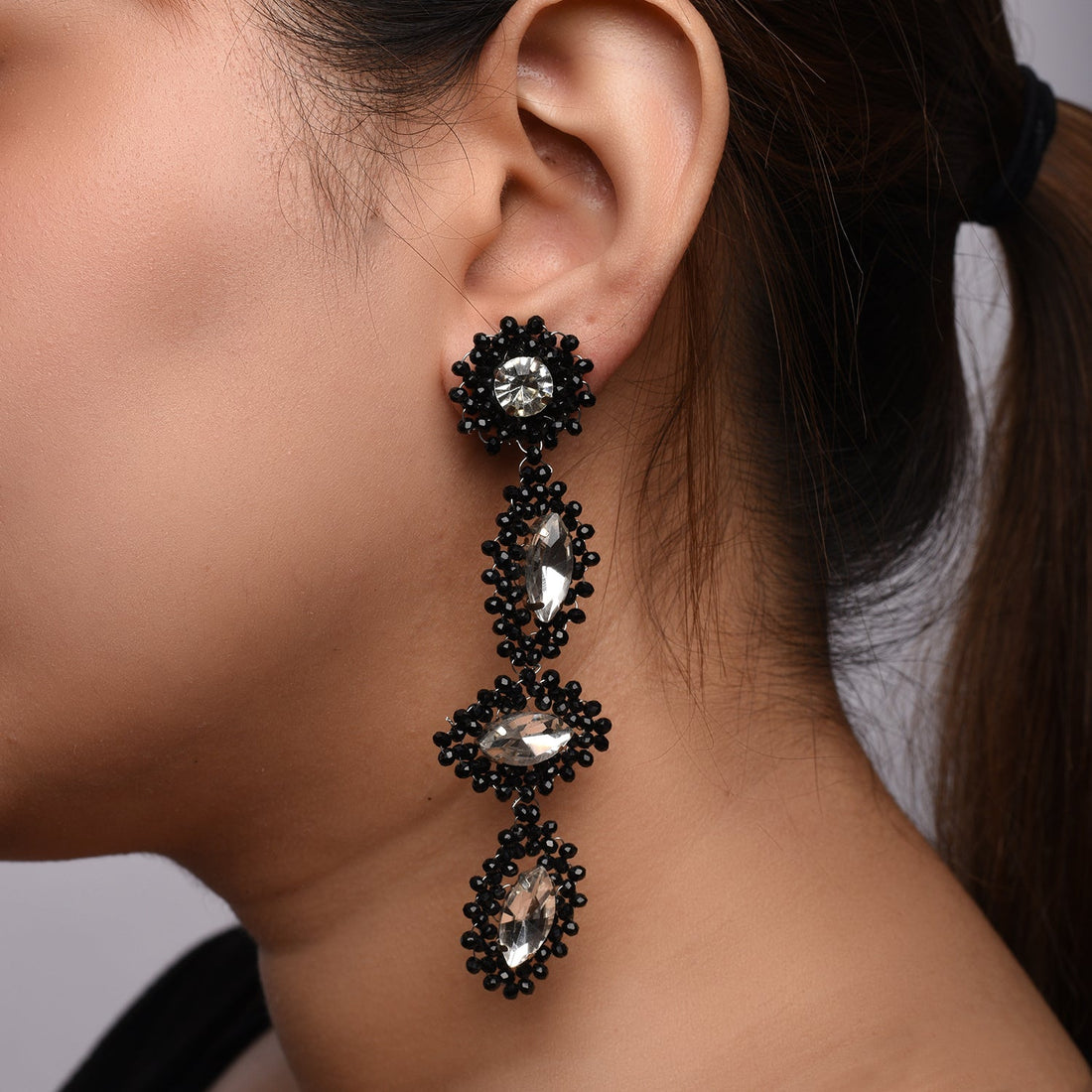 Diamond-Shaped Black & White Beaded Earrings