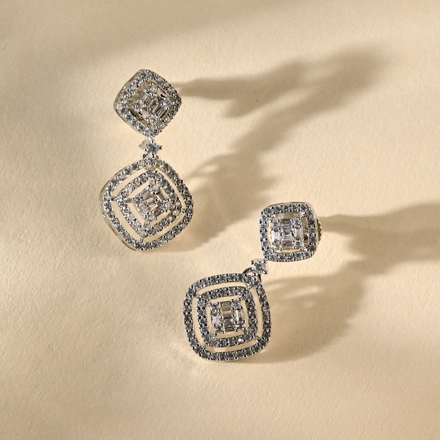 Diamond and Crystal Drop Earrings with Silver Rhodium Plating and Gold Plating