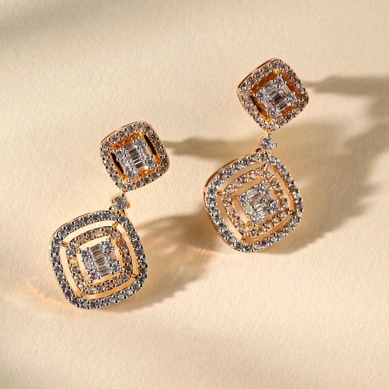 Diamond and Crystal Drop Earrings with Silver Rhodium Plating and Gold Plating