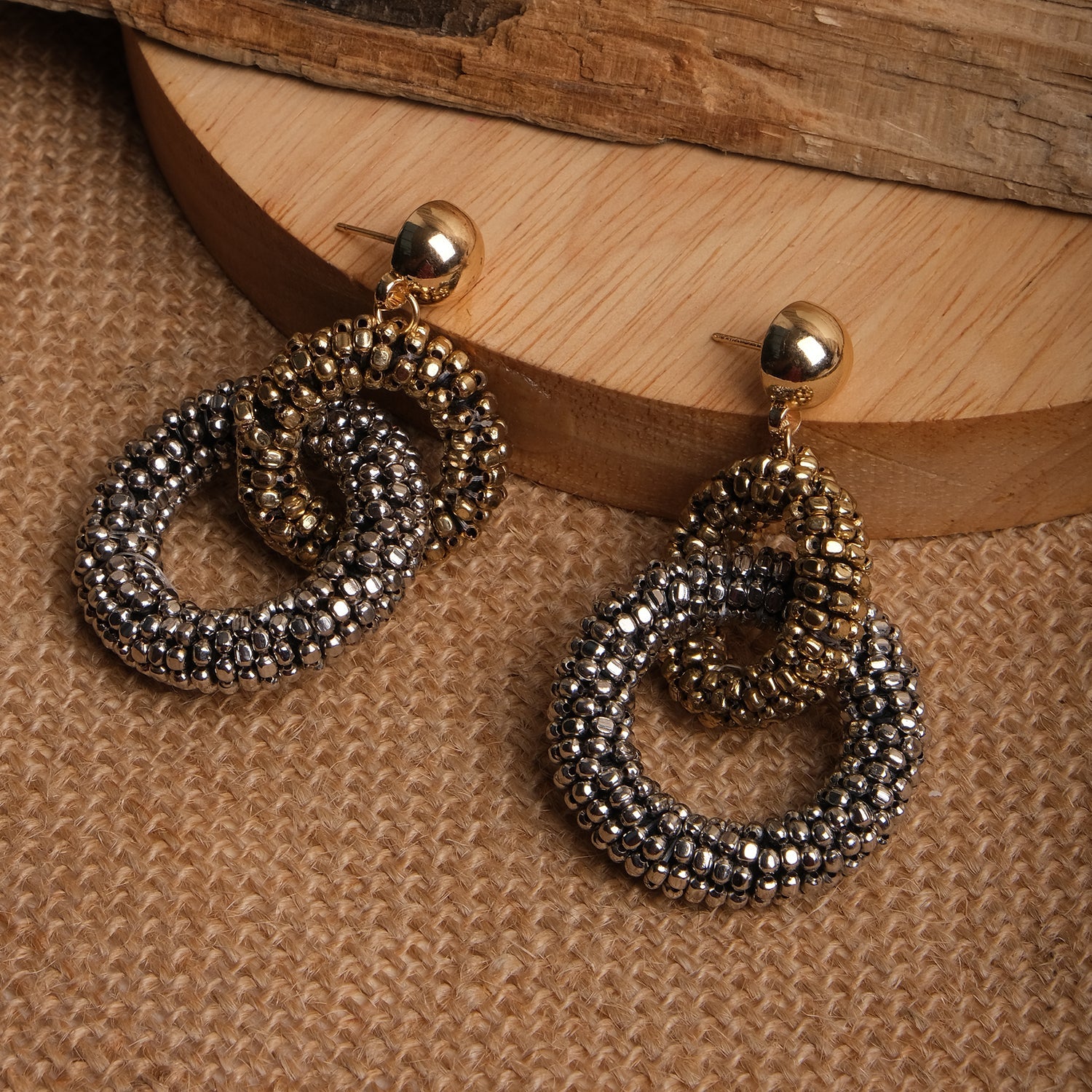 Dual Tone Beaded Hoop Dangler Earrings