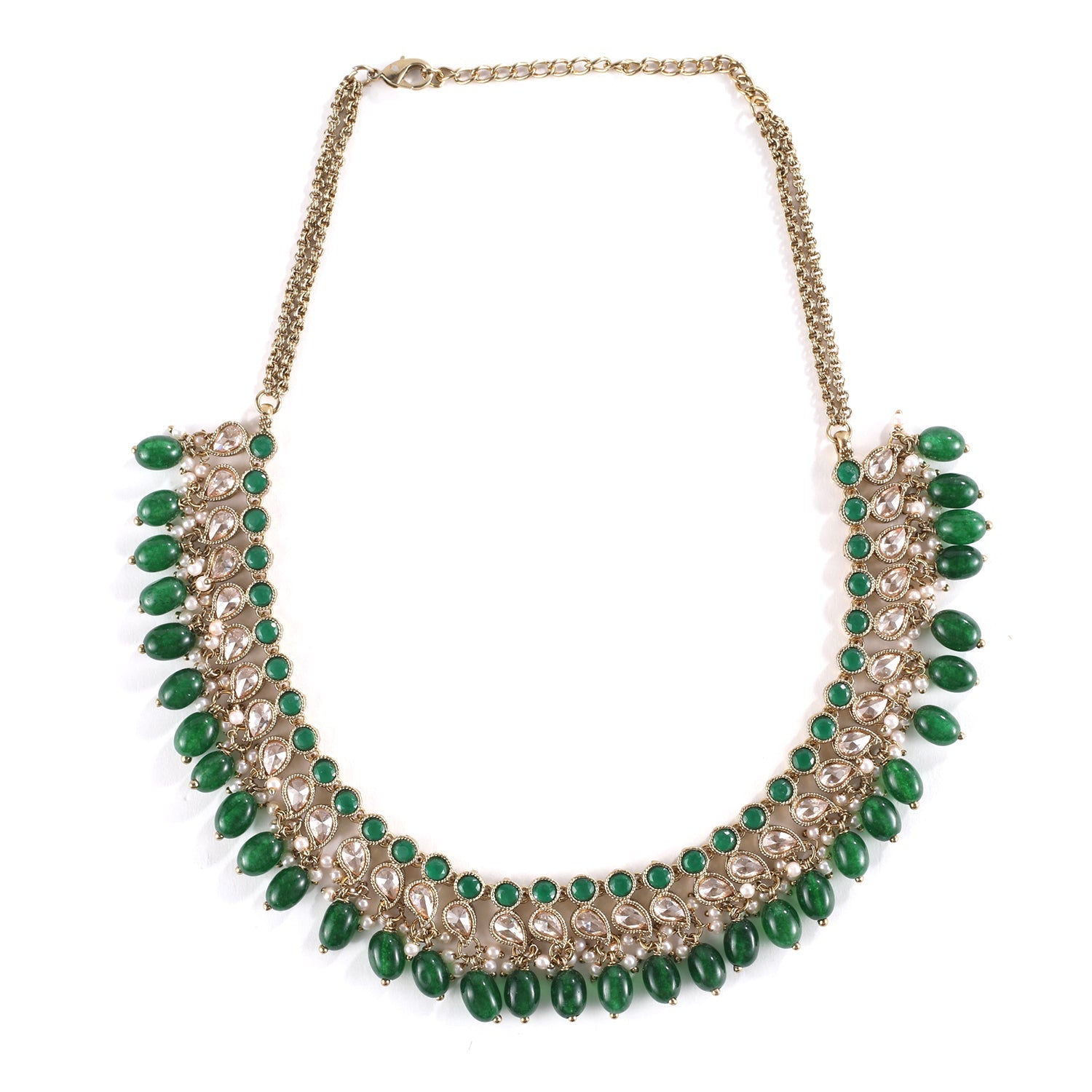 Emerald Green Antique Gold Finish Necklace and Earrings Set