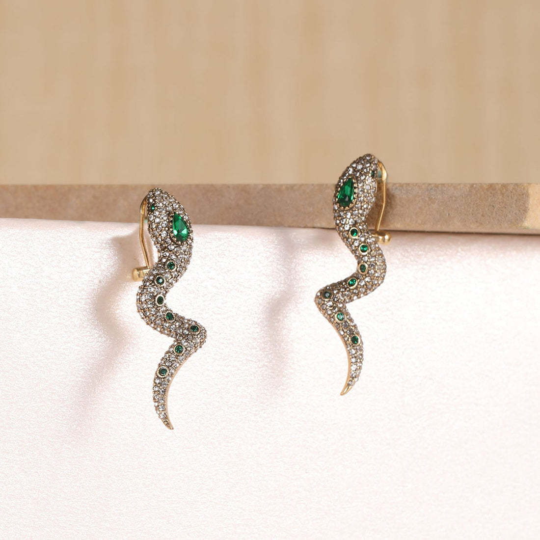 Emerald and American Diamond Serpent Earrings