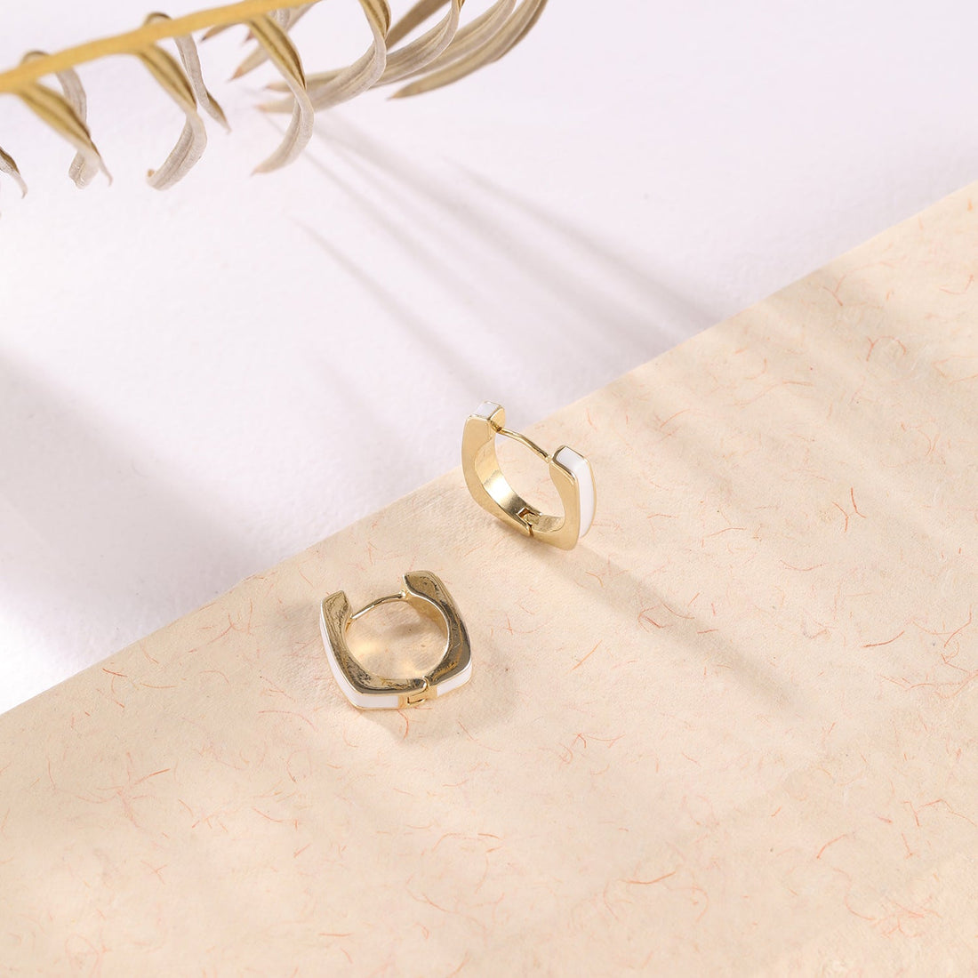 Enameld Gold and White Square Hoop Earrings