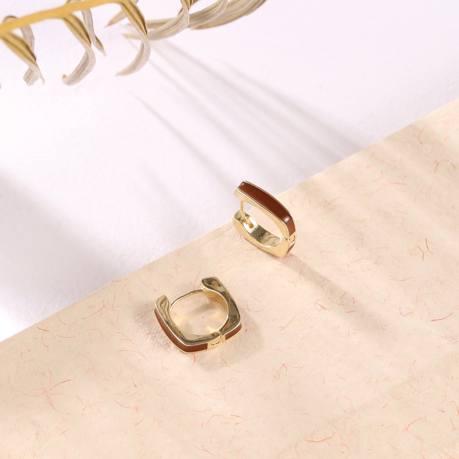 Enameld Gold and White Square Hoop Earrings