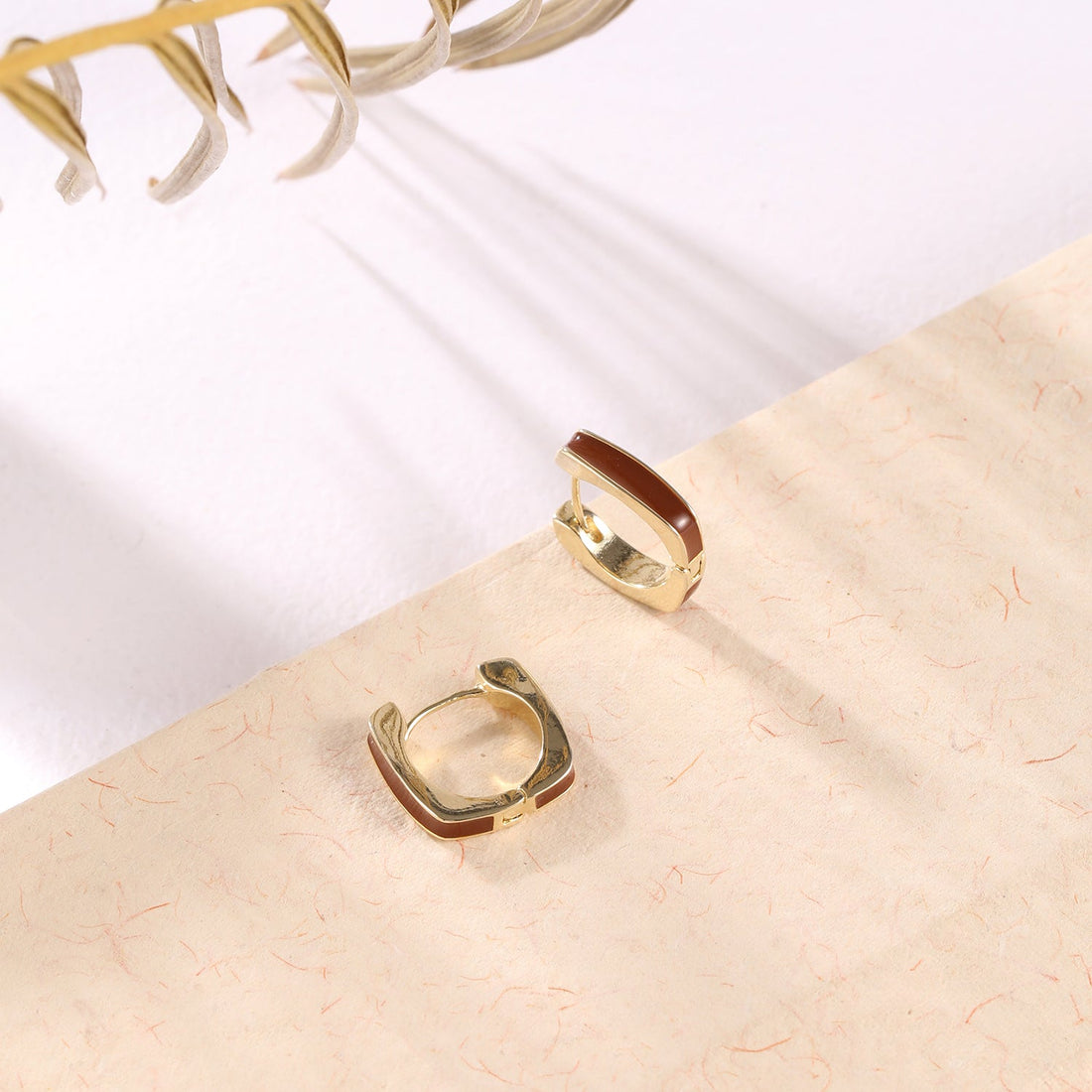 Enameld Gold and White Square Hoop Earrings