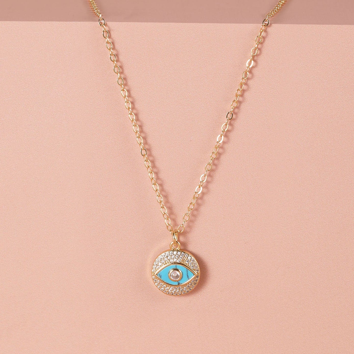 Evil Eye Circle Pendant with Gold Chain