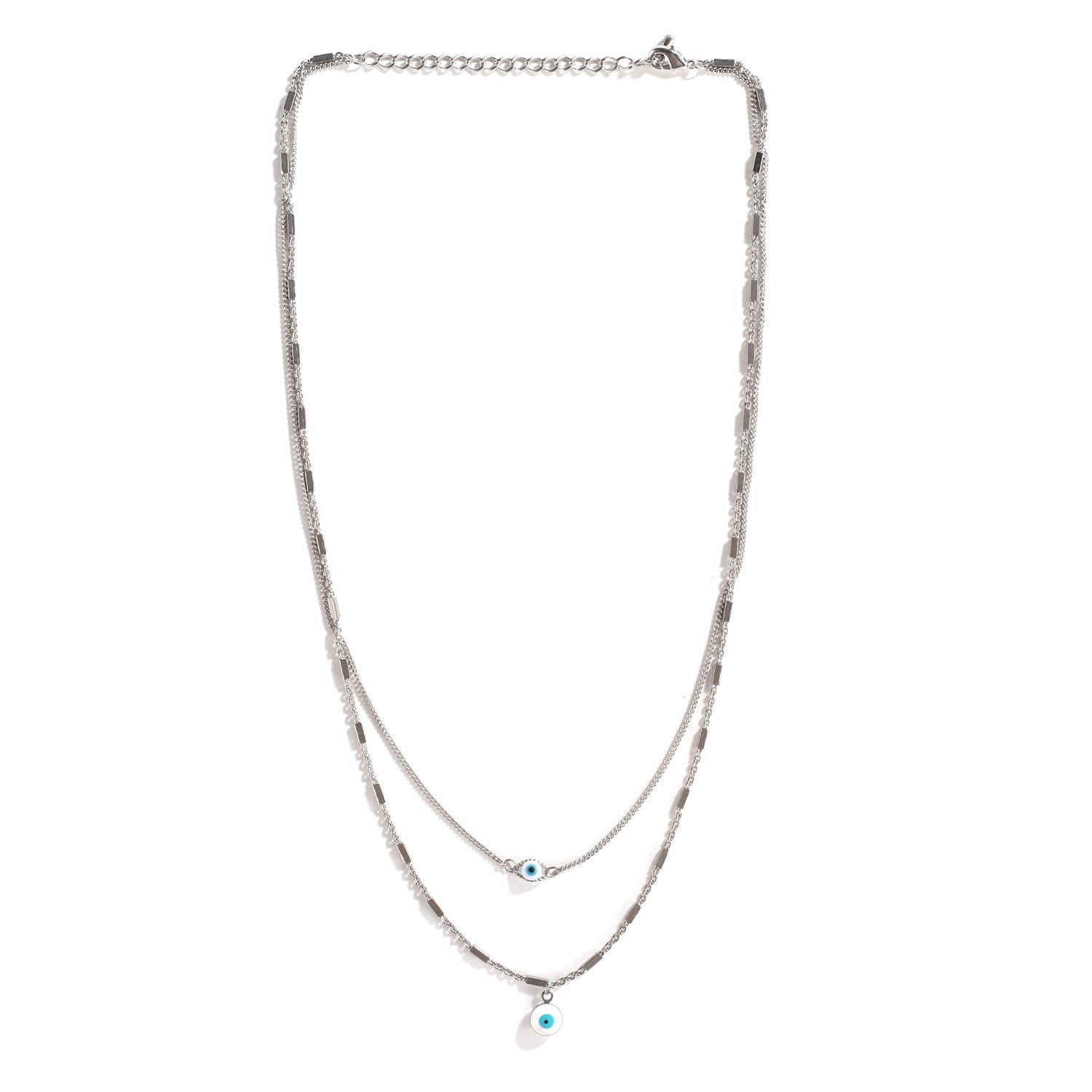 Evil Eye Double Layered Silver Chains Necklace