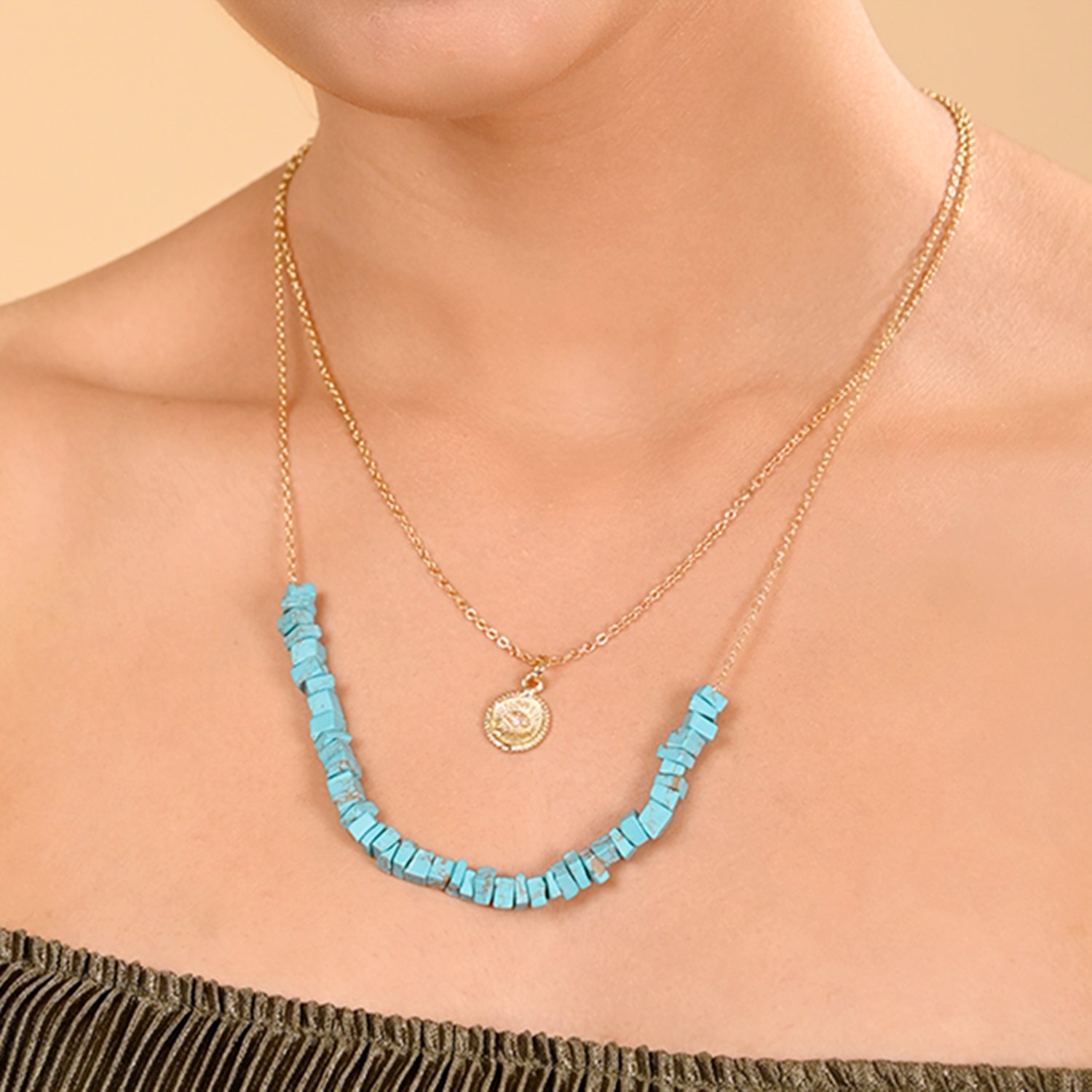 Evil Eye Semi Precious Aqua Beads Charm Necklace