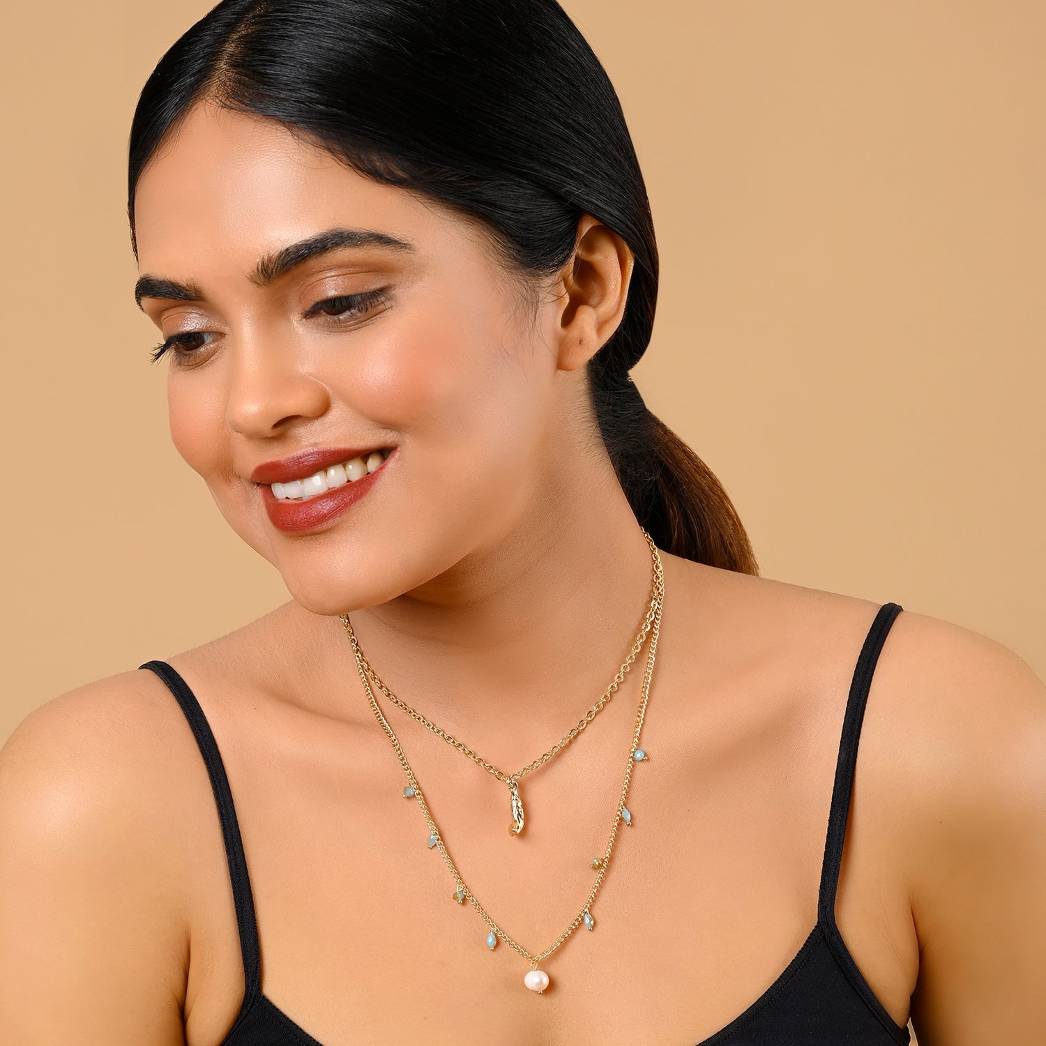 Fish Charm Pearl Necklace with Glass Crystal Beads