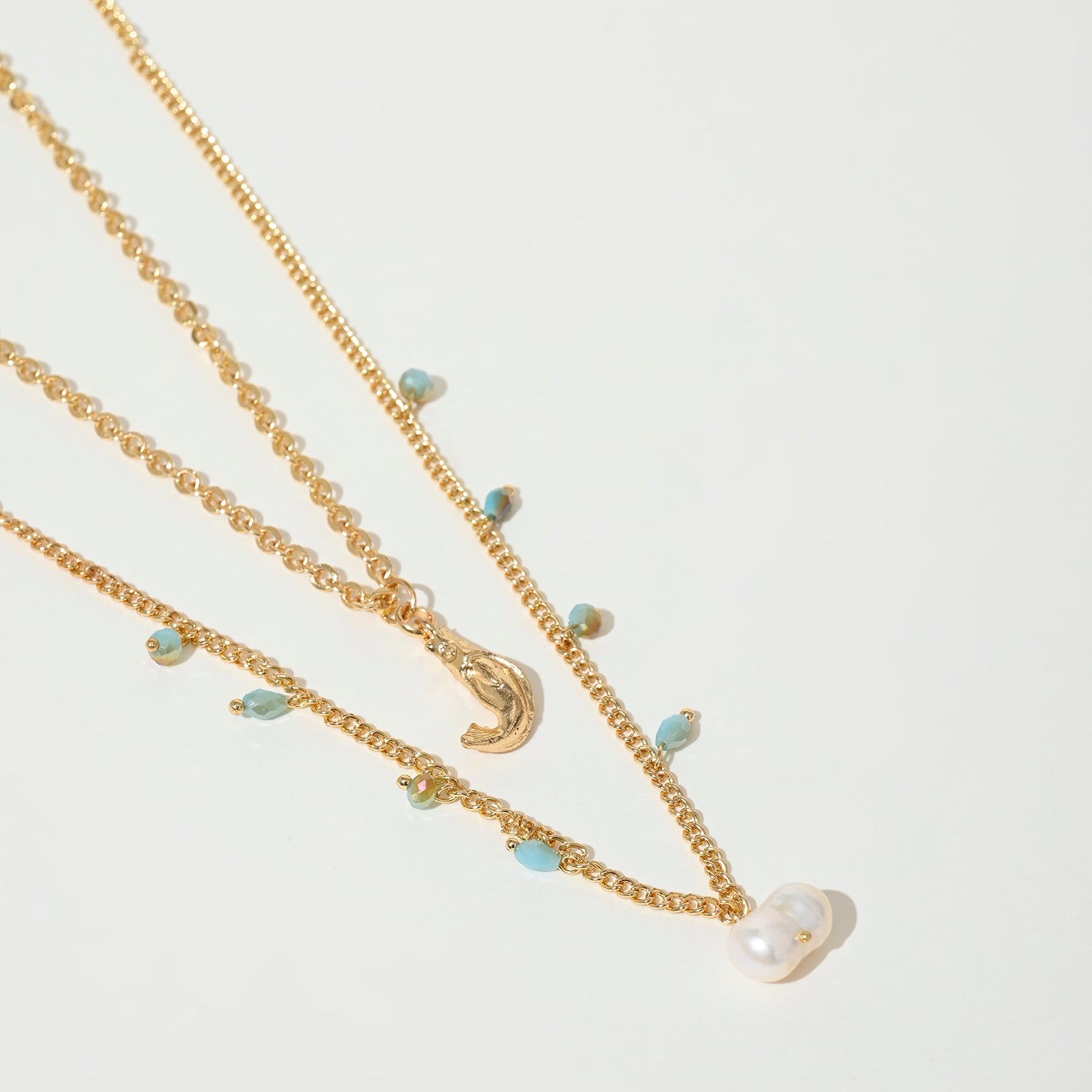 Fish Charm Pearl Necklace with Glass Crystal Beads