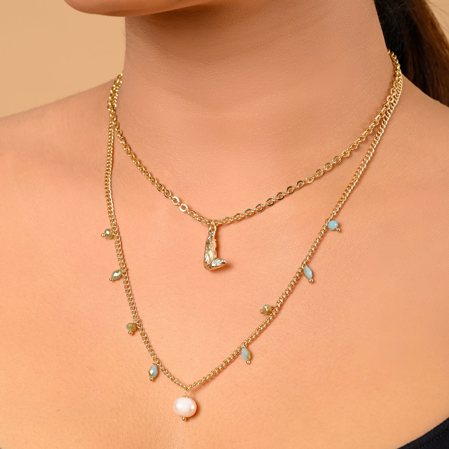 Fish Charm Pearl Necklace with Glass Crystal Beads