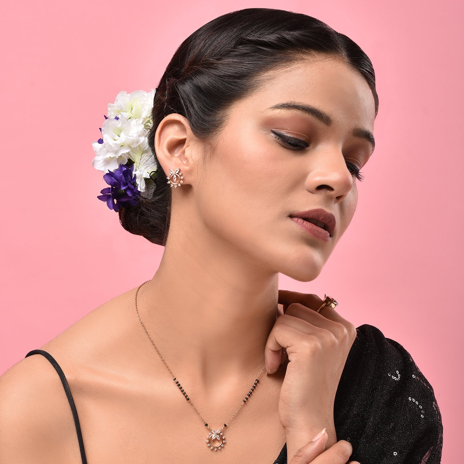 Floral American Diamond Mangalsutra with earrings