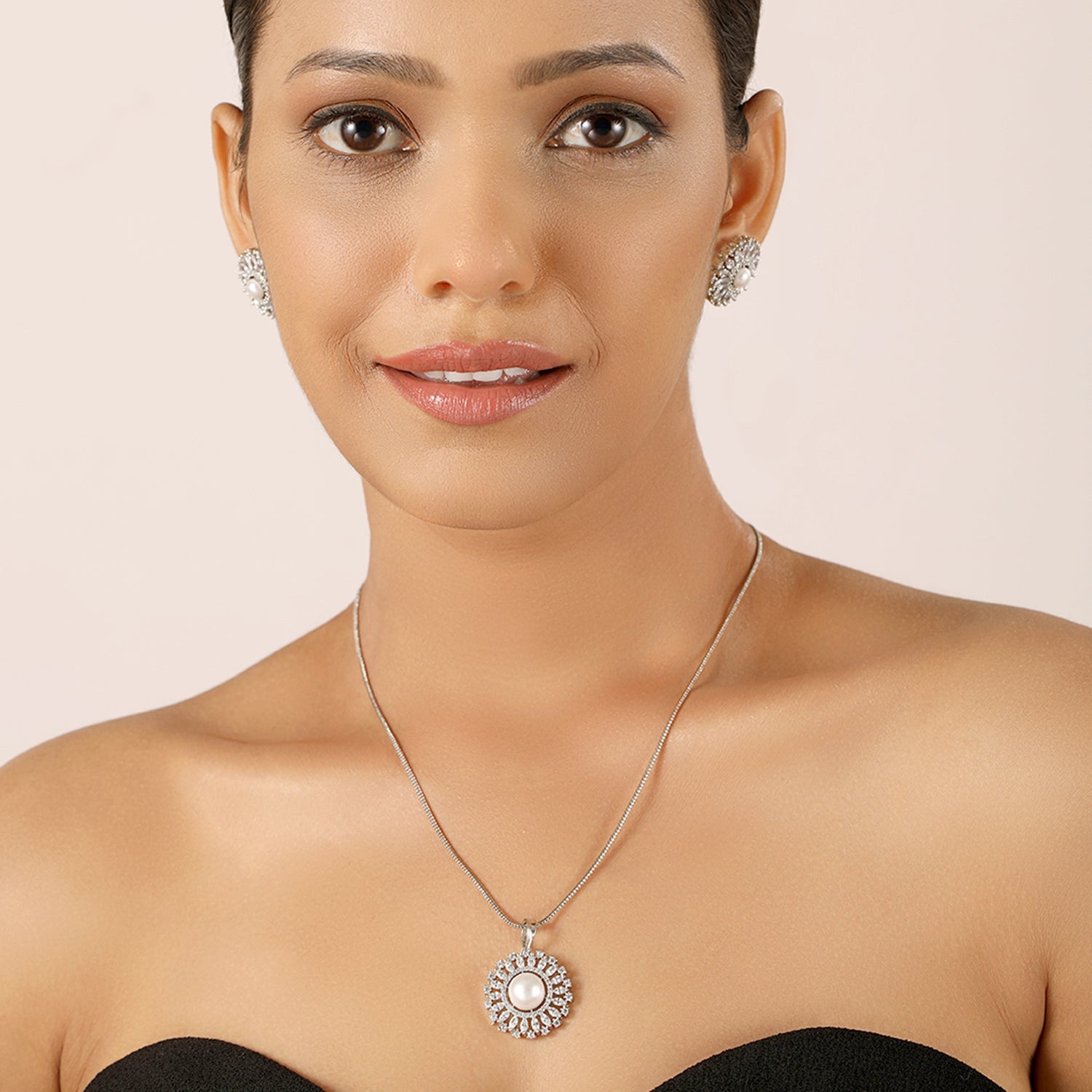 Flowers and Pearls Pendant Set with Earrings