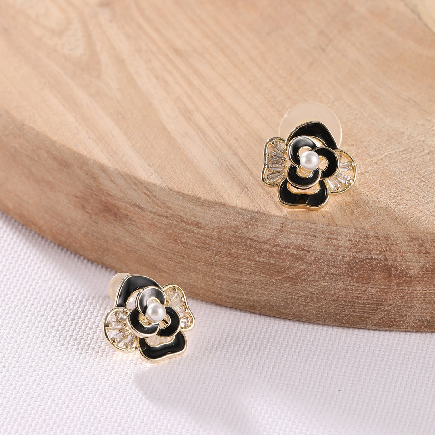 French Enamel Black and Gold Statement Flower Studs with Pearl