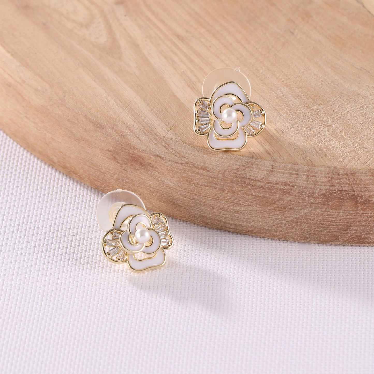 French Enamel Black and Gold Statement Flower Studs with Pearl