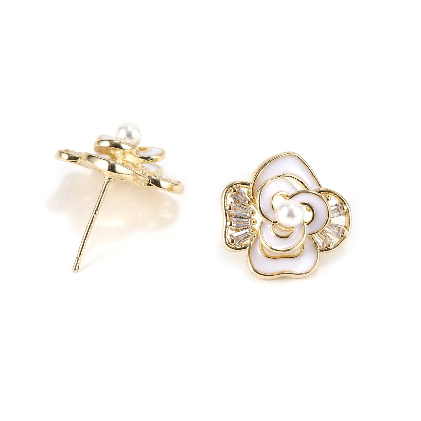 French Enamel Black and Gold Statement Flower Studs with Pearl