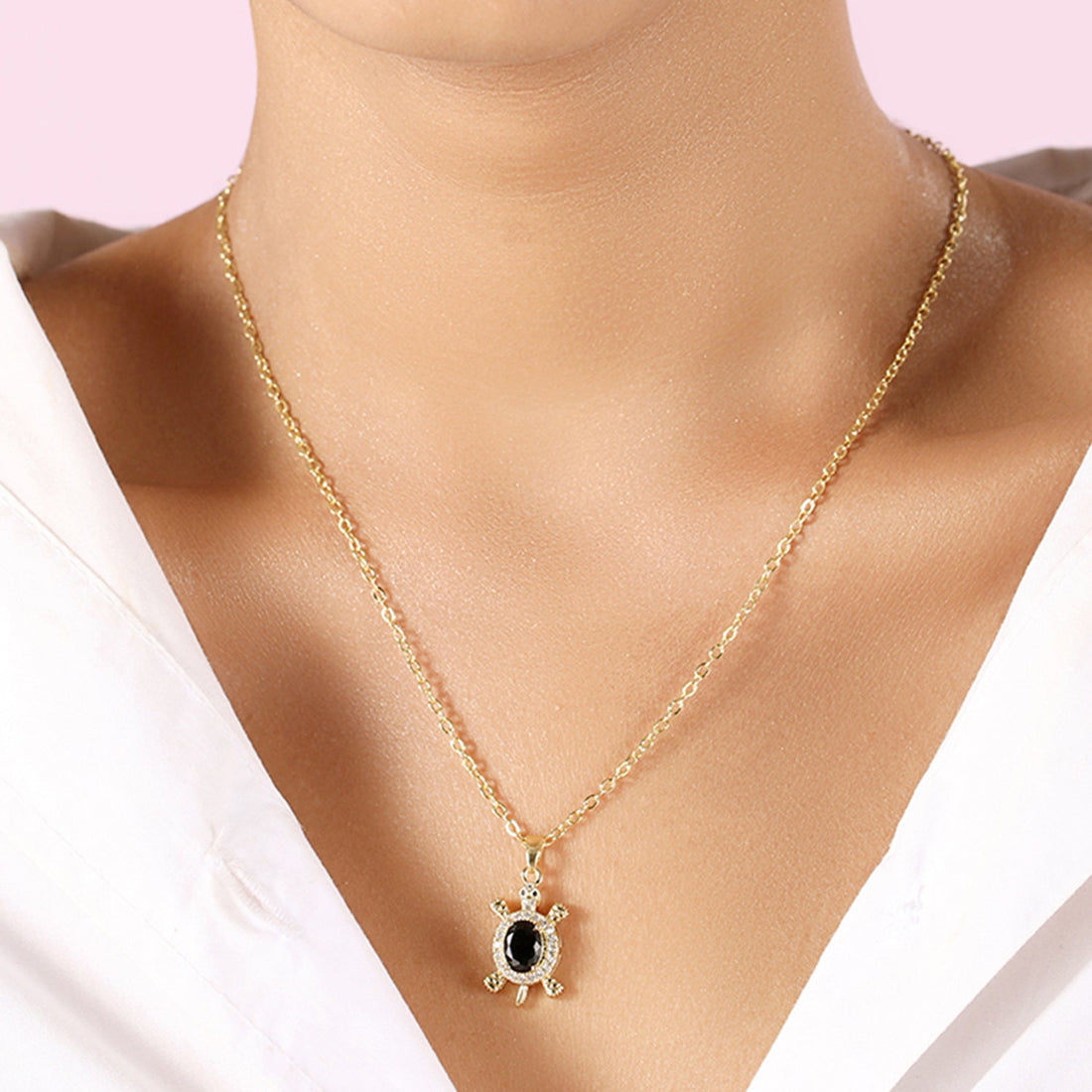 Gemstone Turtle Pendant with Gold Chain