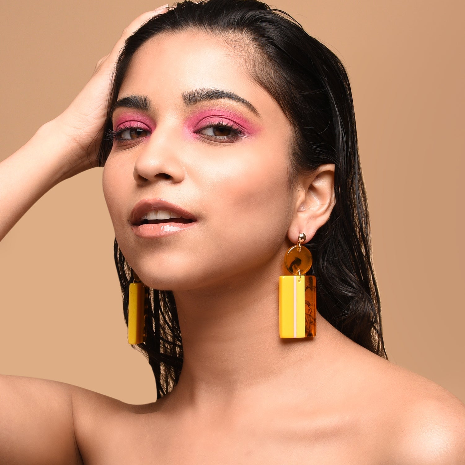 Geometric Yellow Orange Resin Dangler Earrings