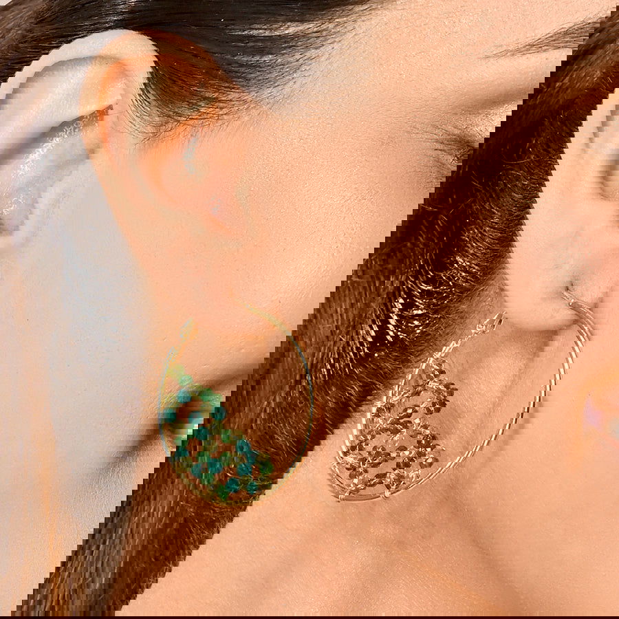 Glass Crystal studded Green Aqua Hoop Earrings