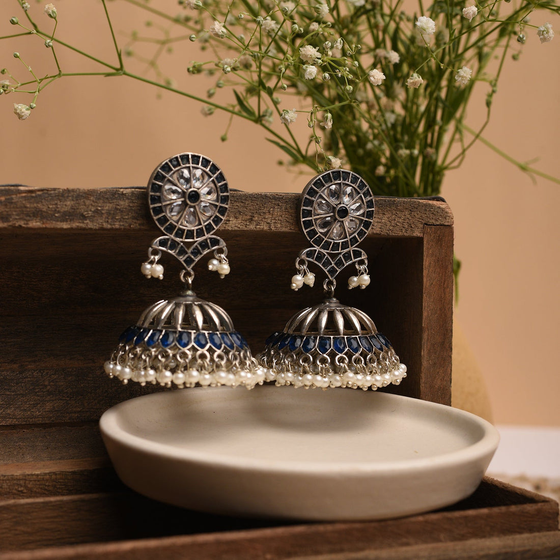 Glass Noor Silver Jhumka Earrings