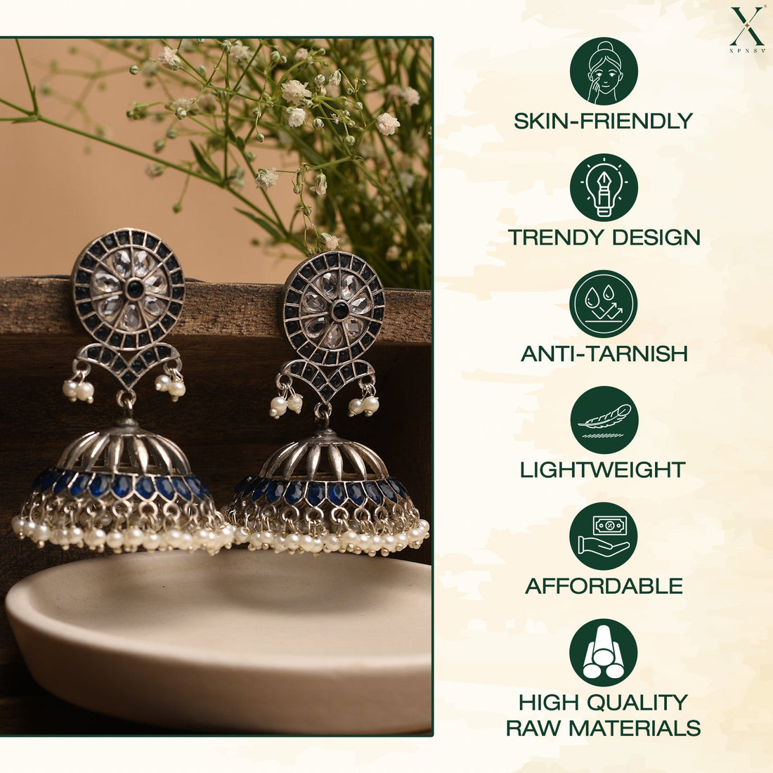 Glass Noor Silver Jhumka Earrings