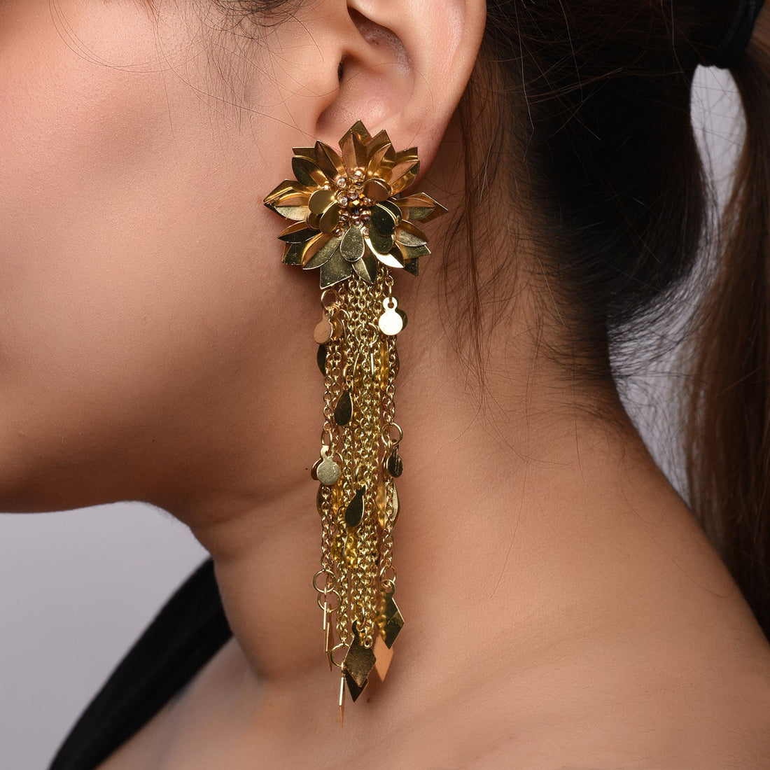 Gold Flower Chain Drop Earrings