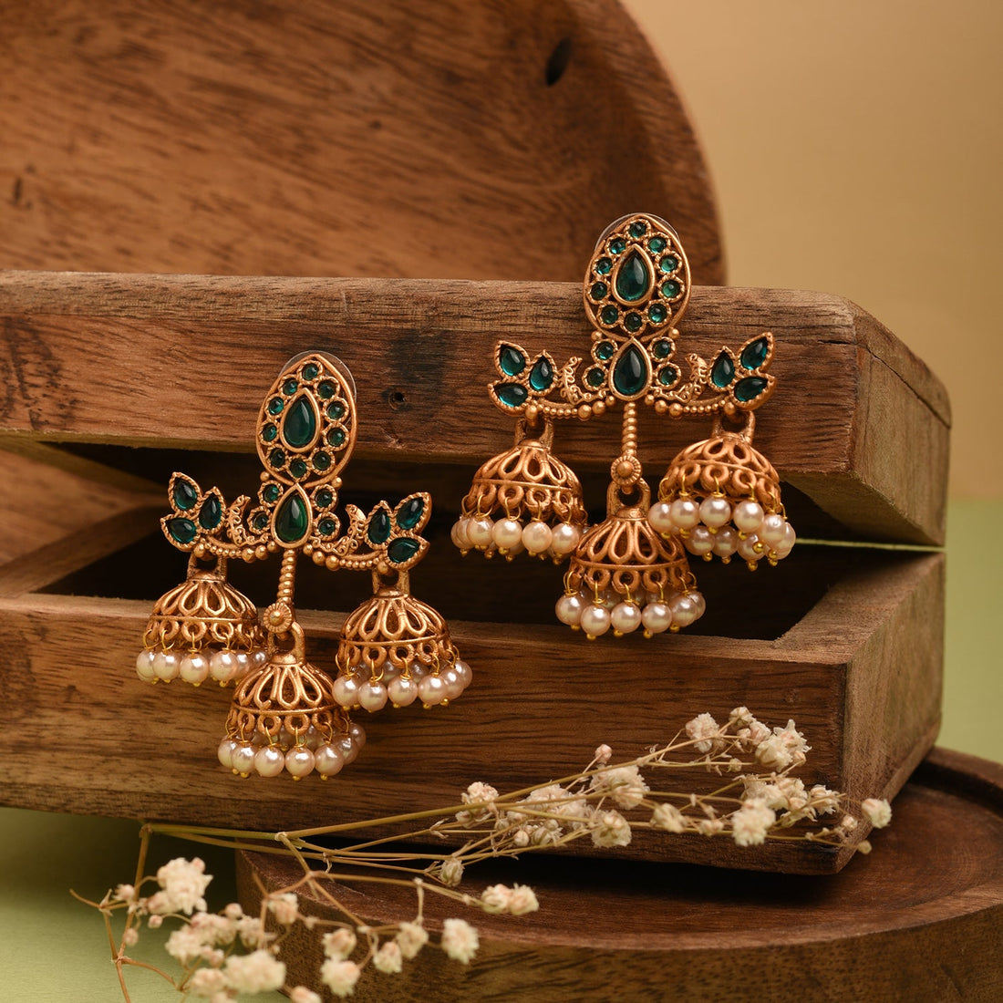 Gold Green/Pink Silver Glass Floral Earrings