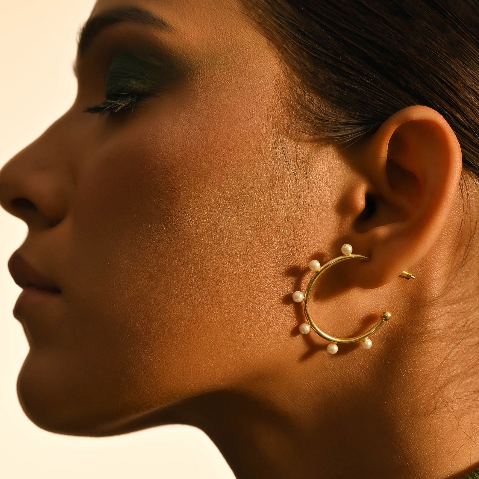 Gold Plated Pearls Studded Hoops Earrings