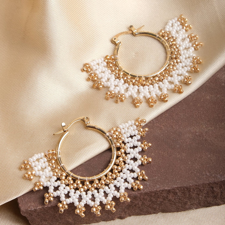 Gold White Beaded Hoop Earrings