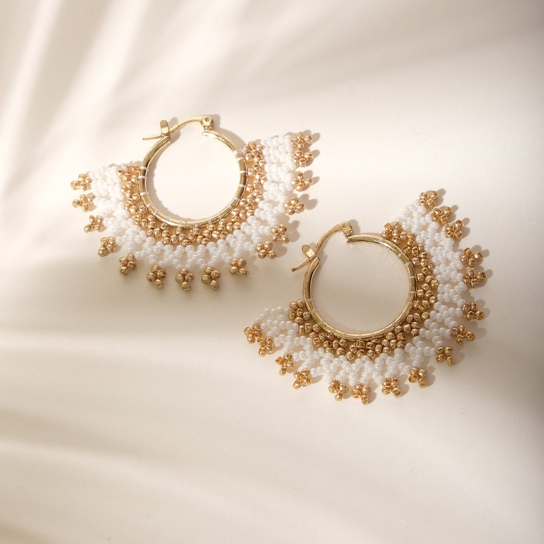 Gold White Beaded Hoop Earrings