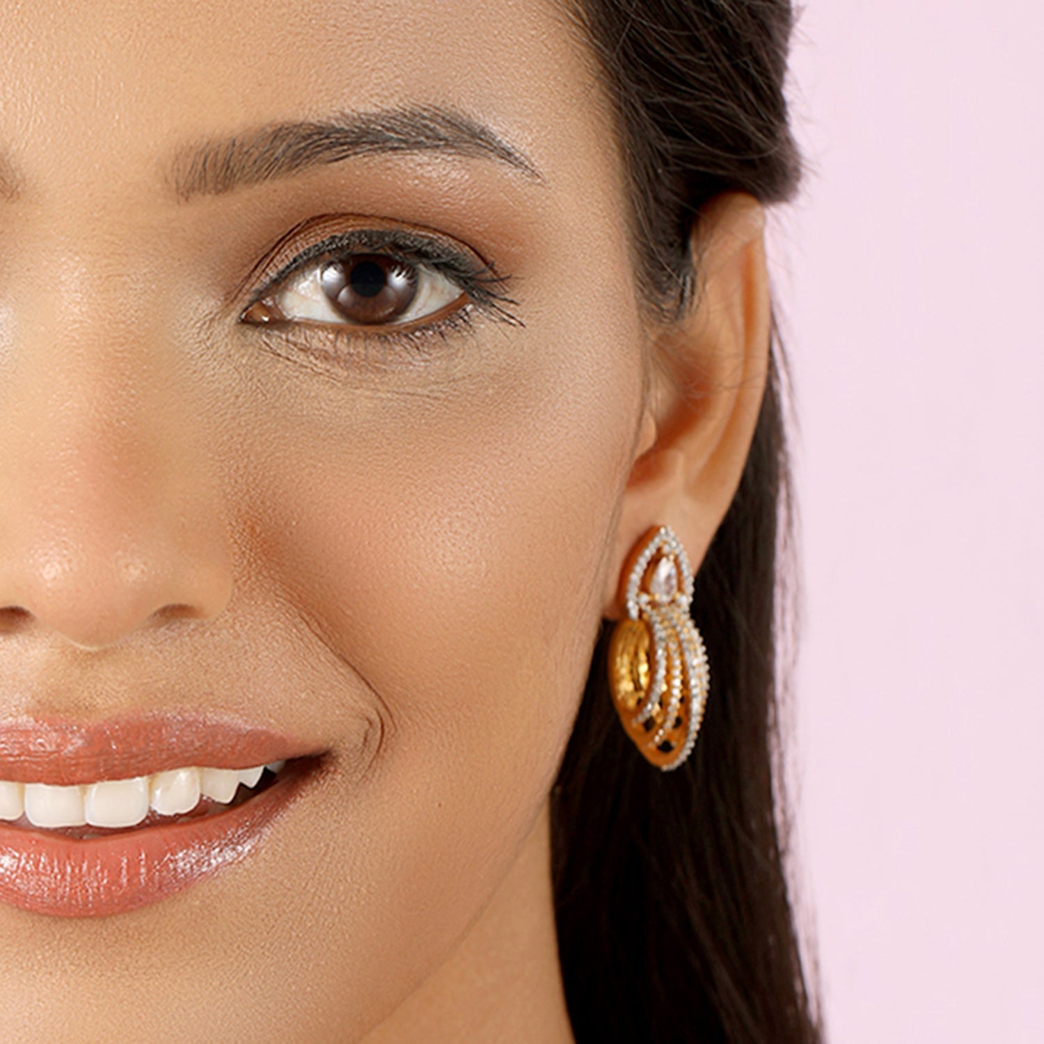 Gold and American Diamond Intricate Circle Drop Earrings