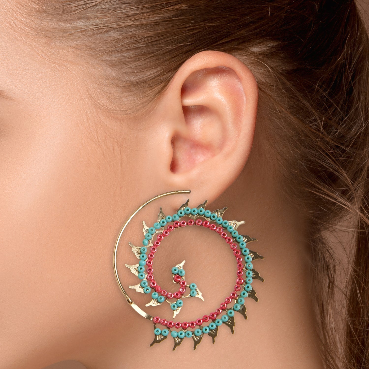 Golden Coral Spiral Bloom Earrings