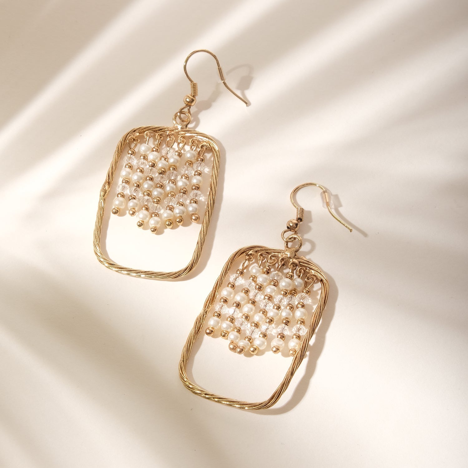 Golden Square Beaded Dangler Earrings