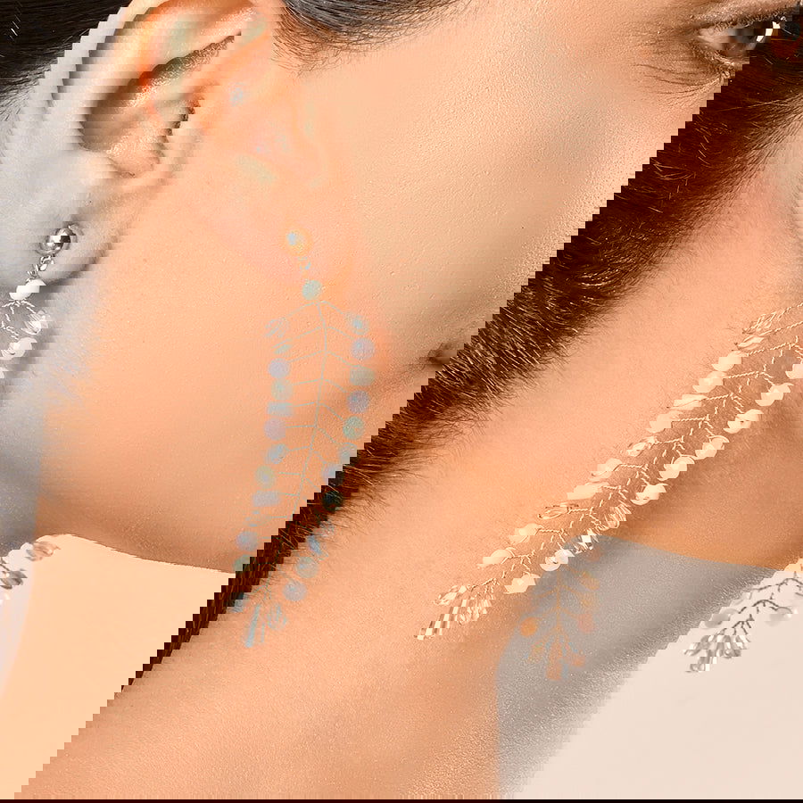 Hand Weaved Glass Crystal Pink Combination Leaf Earrings