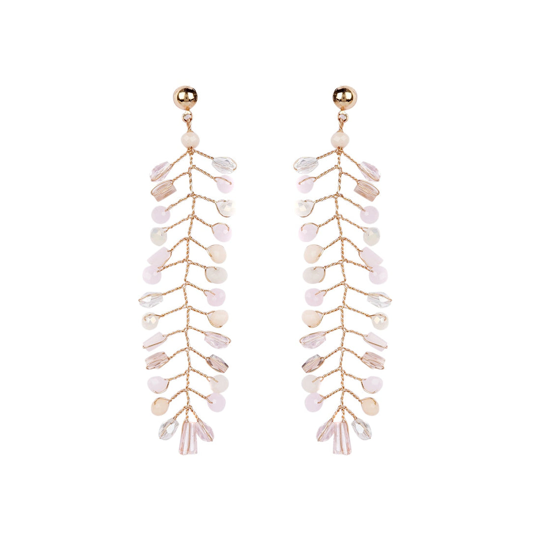 Hand Weaved Glass Crystal Pink Combination Leaf Earrings
